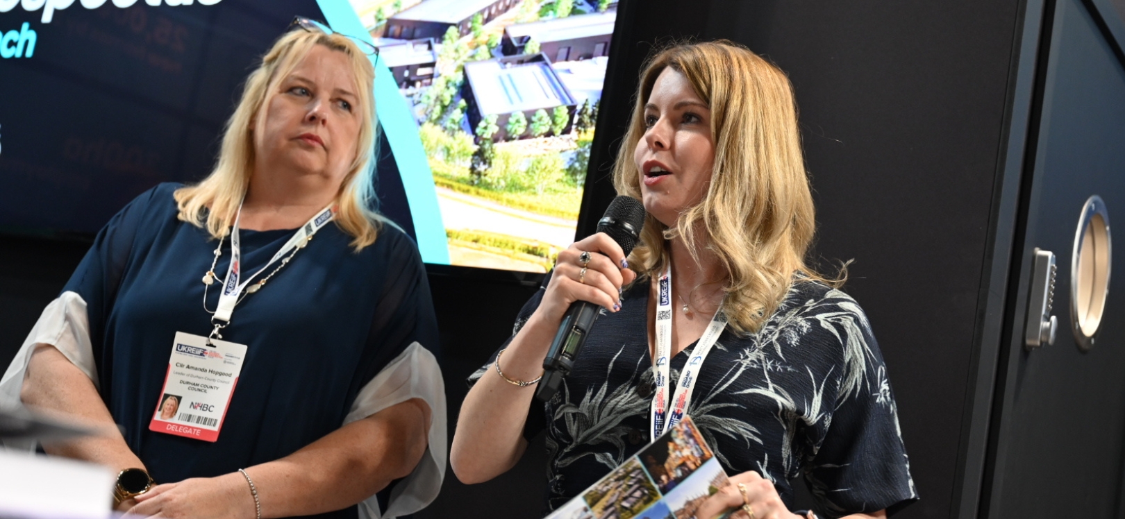 Durham County Council Leader, Cllr Amanda Hopgood (left) and North East Mayor, Kim McGuinness, launch the County Durham Investment Prospectus at the UK Real Estate Investment and Infrastructure Forum (UKREiiF) in Leeds.