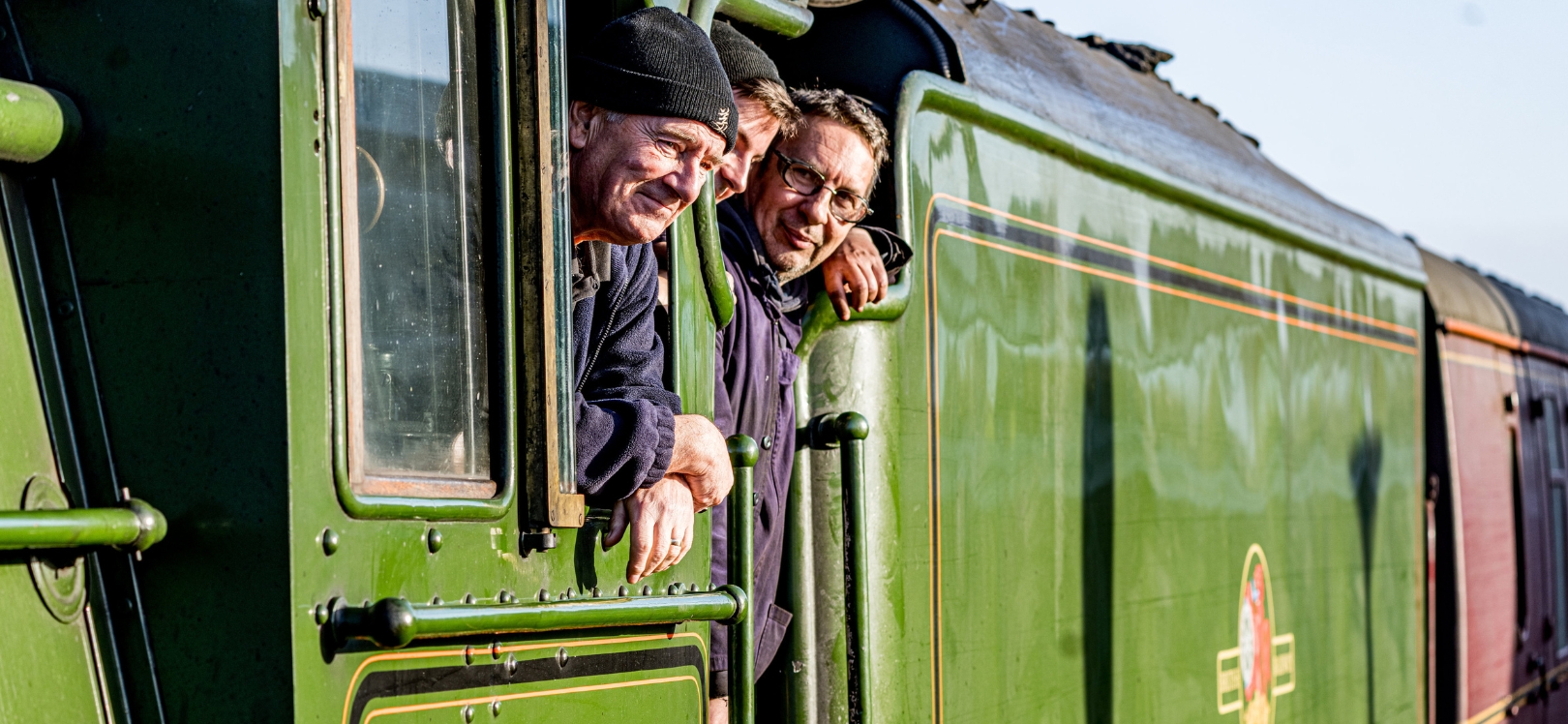 Three men in the Flying Scotsman train