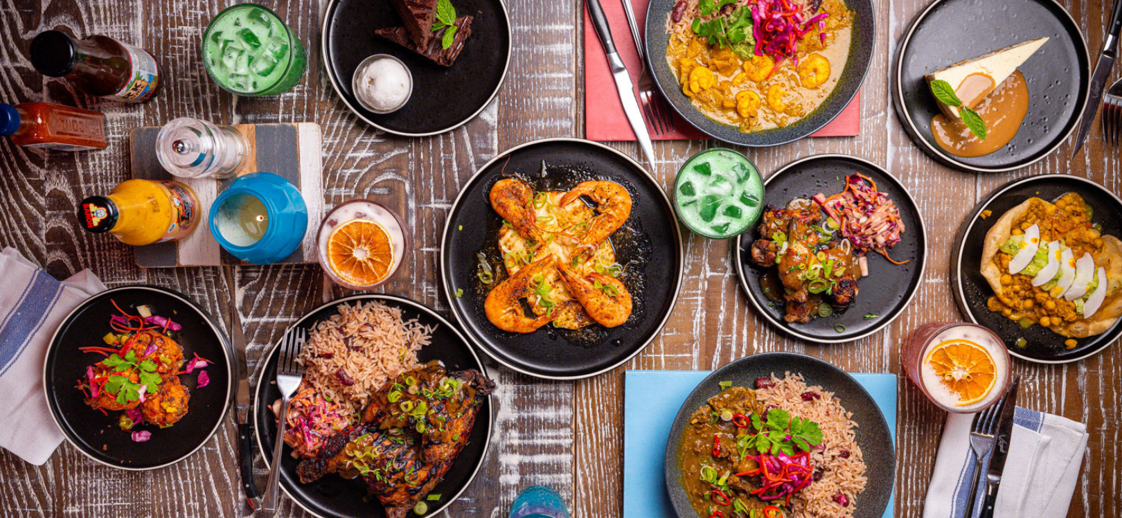 overhead shot of different food on offer at Turtle Bay Durham