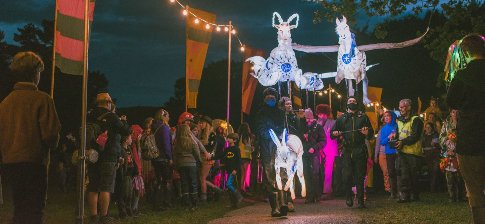 people taking part in a night time parade with twinkling lights