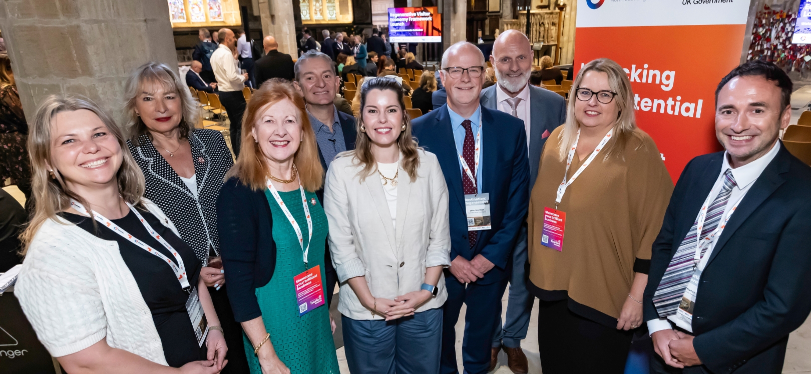 From L-R: Rebecca Norton-Price, Head of Visitor Economy, from Department for Culture, Media and Sport, Patricia Yates, CEO, VisitEngland, Lady Victoria Borwick, Chair’ VisitEngland, Guy Bigwood, CEO, GDS Movement, Kim McGuinness, North East Mayor, John Marshall, Chair, Destination North East England, Andrew Stokes OBE, England Director, VisitEngland, Cllr Amanda Hopgood, Leader of Durham County Council and Portfolio Holder for Creatuve, Culture, Tourism and Sport, North East Combined Authority and Jamie Fletcher, Environment Agency and Net Zero North East England Board Member endorse the Destination North East England Regenerative Visitor Economy Framework