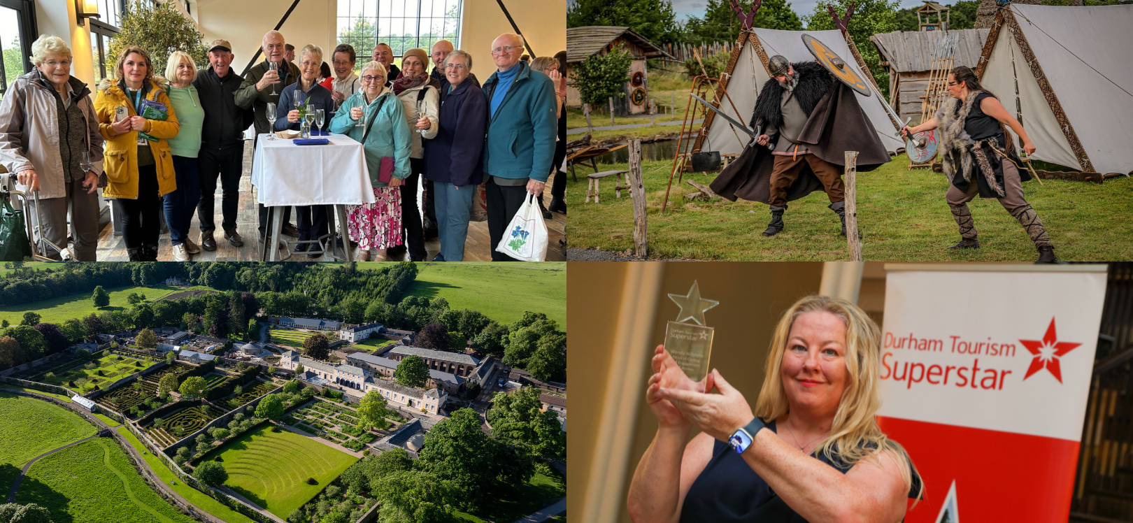 A montage of Wendy our Tourism Superstar, Raby Castle, Kynren and a group of visitors