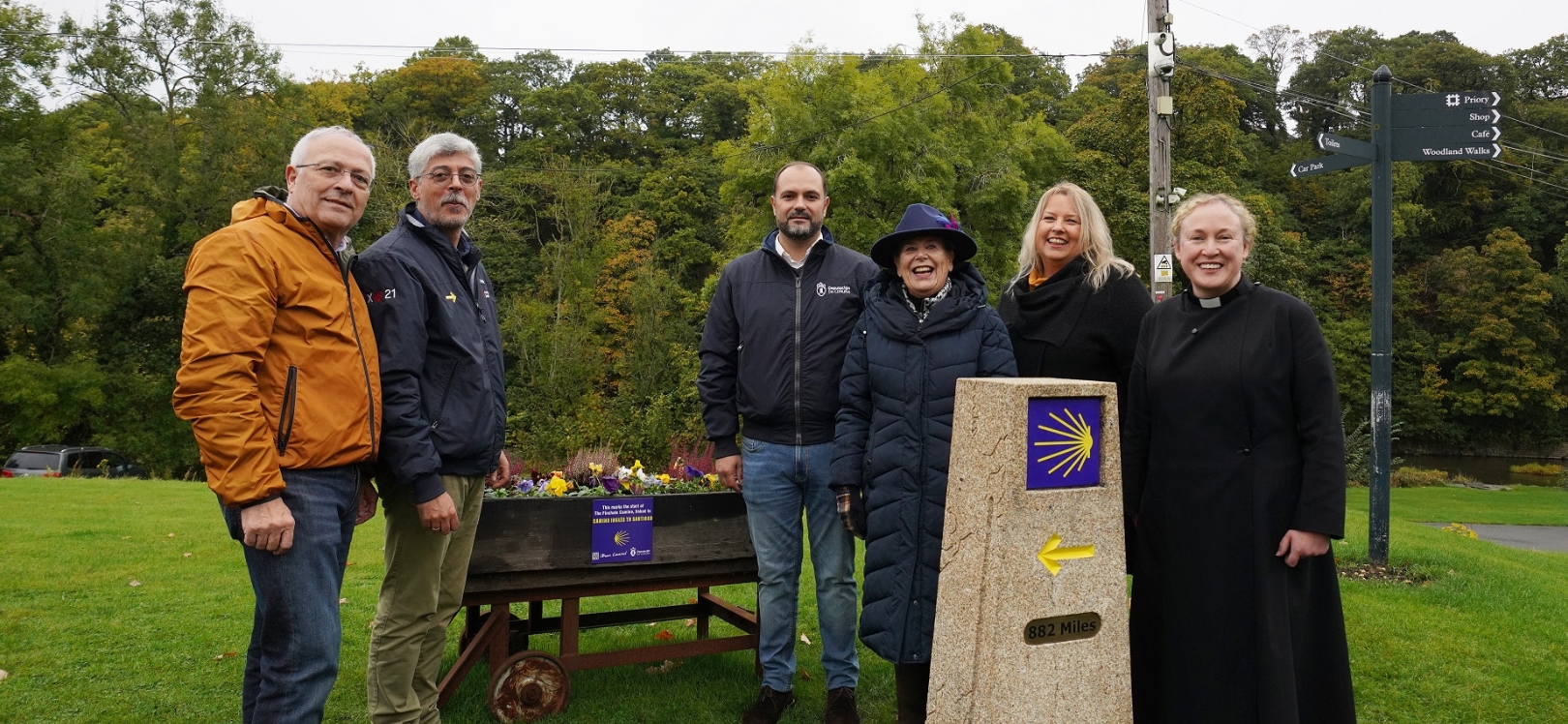 : (L-R) Manuel Miras, President of the association of Councils of the Camino Ingles; Ildefonso De La Campa, manager-director, Xacobeo Company, Xunta de Galicia (Galician Government); Bernardo Fernández, presidential deputy, Deputación de Coruña (ACPC); Sue Snowdon, His Majesty’s Lord-Lieutenant of County Durham, Cllr Amanda Hopgood, Leader of Durham County Council; and the Revd Canon Charlie Allen, Canon Chancellor at Durham Cathedral (right).